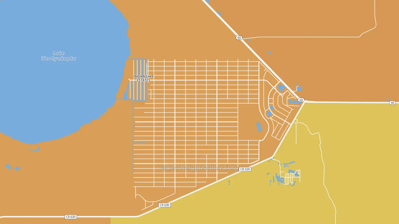 Map of the best neighborhoods in the 33855 area, with better matches in green and worse matches in red