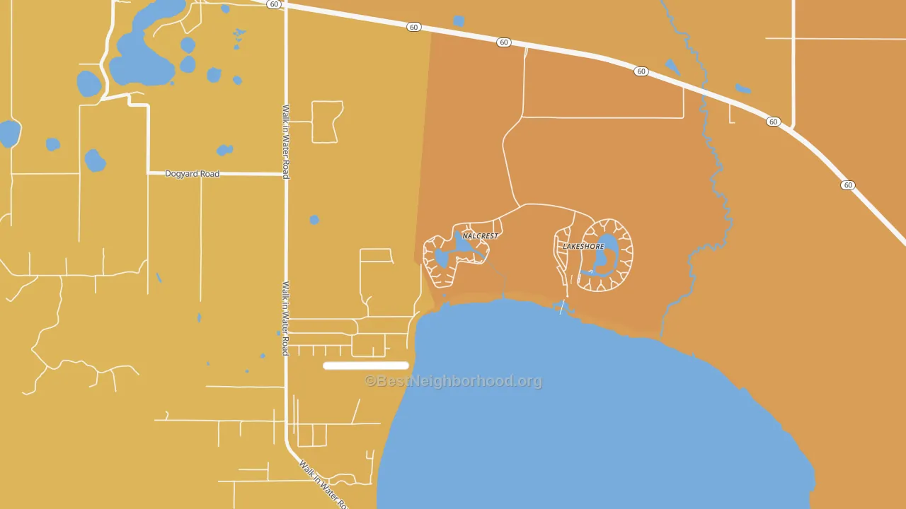 Map of the best neighborhoods in the 33856 area, with better matches in green and worse matches in red