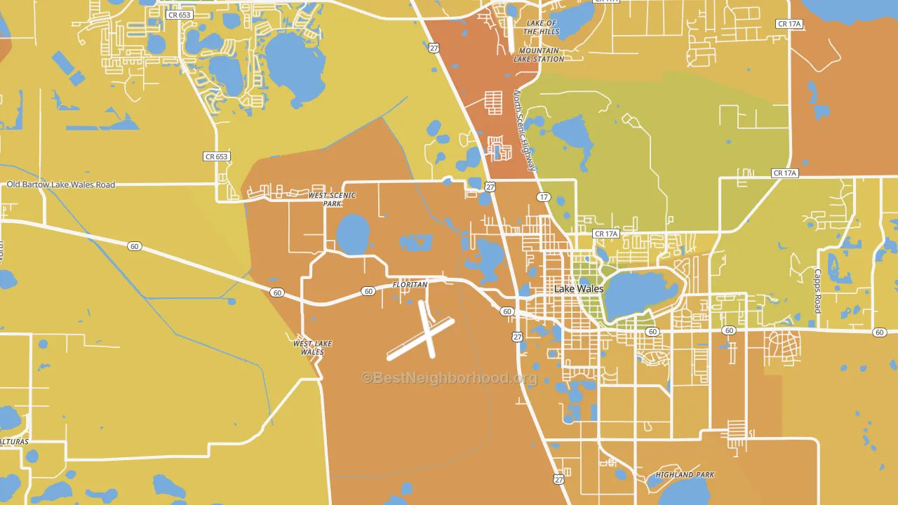 Map of the best neighborhoods in the 33859 area, with better matches in green and worse matches in red