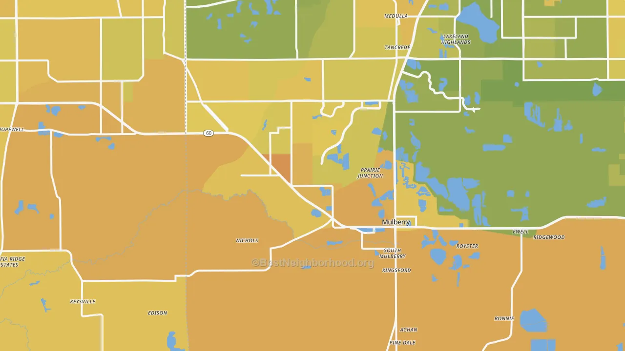 Map of the best neighborhoods in the 33860 area, with better matches in green and worse matches in red
