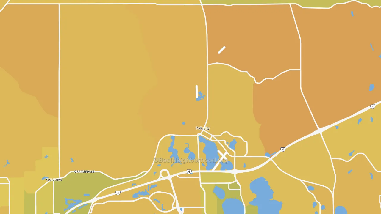 Map of the best neighborhoods in the 33868 area, with better matches in green and worse matches in red