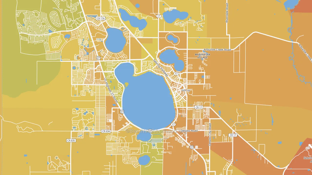 Map of the best neighborhoods in the 33870 area, with better matches in green and worse matches in red