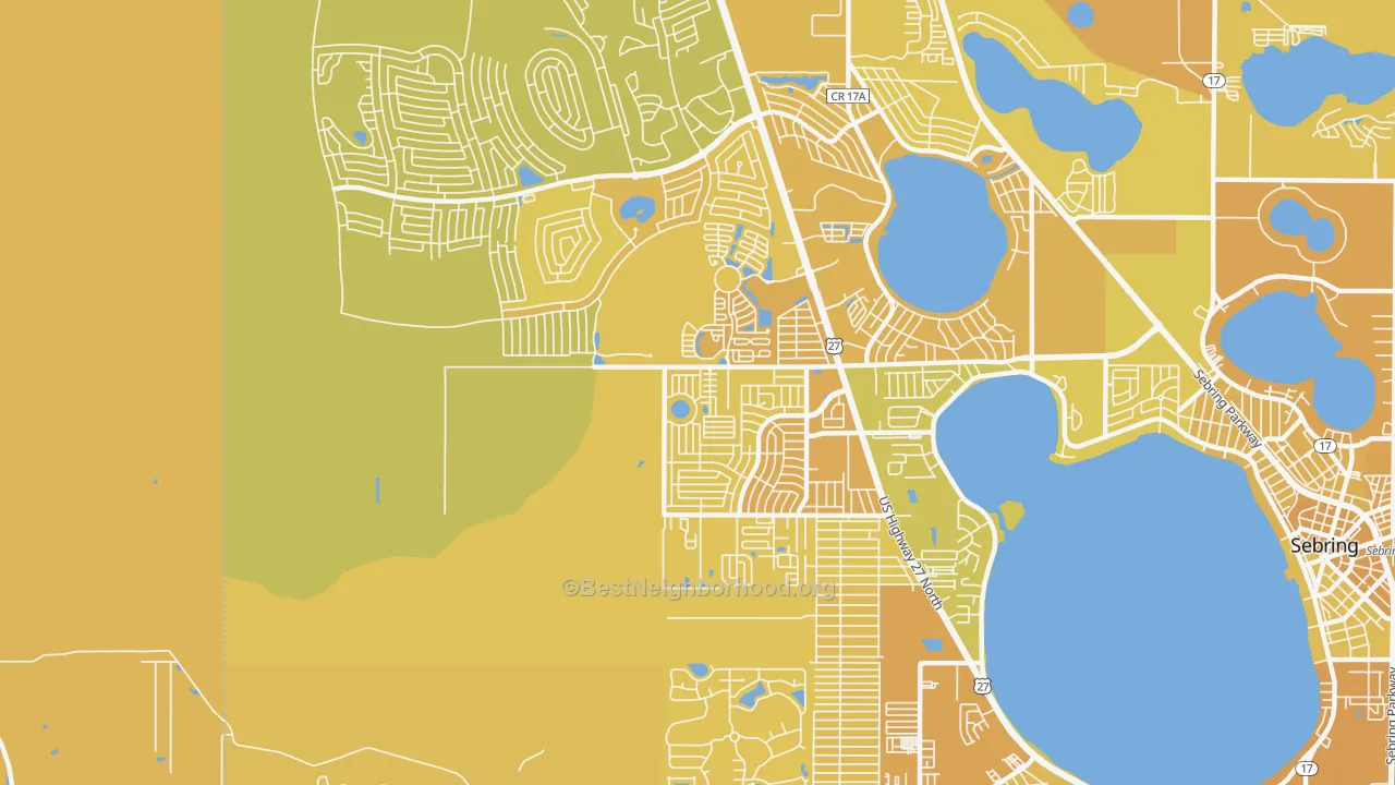 Map of the best neighborhoods in the 33872 area, with better matches in green and worse matches in red