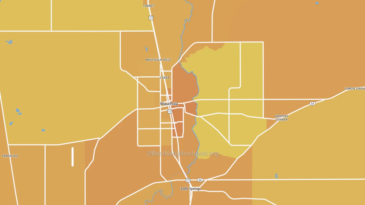 Map of the best neighborhoods in the 33873 area, with better matches in green and worse matches in red