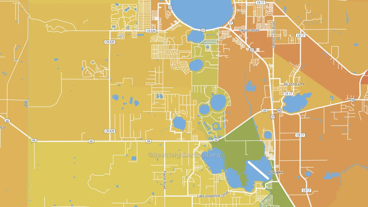 Map of the best neighborhoods in the 33875 area, with better matches in green and worse matches in red