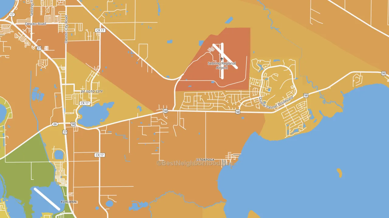 Map of the best neighborhoods in the 33876 area, with better matches in green and worse matches in red