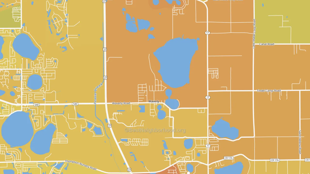 Map of the best neighborhoods in the 33877 area, with better matches in green and worse matches in red