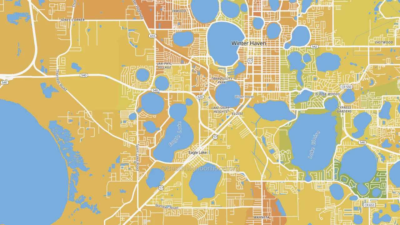 Map of the best neighborhoods in the 33880 area, with better matches in green and worse matches in red