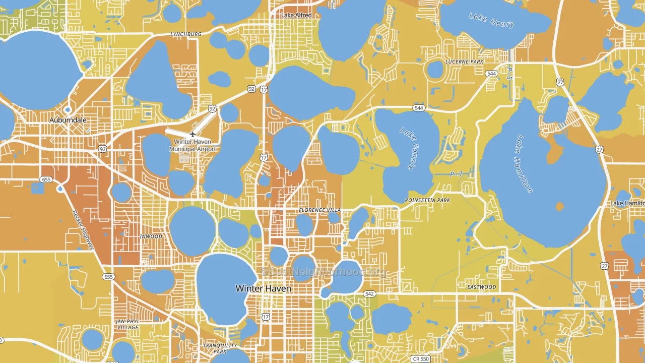 Map of the best neighborhoods in the 33881 area, with better matches in green and worse matches in red