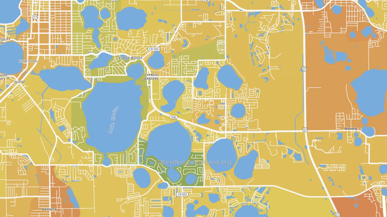 Map of the best neighborhoods in the 33884 area, with better matches in green and worse matches in red