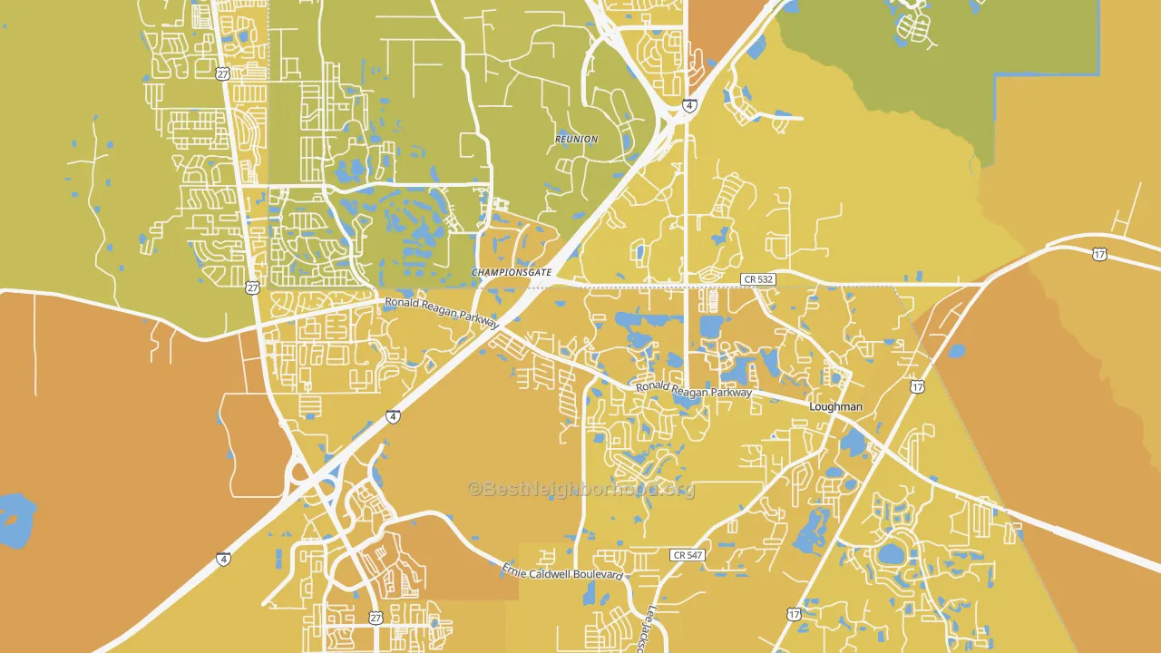 Map of the best neighborhoods in the 33896 area, with better matches in green and worse matches in red