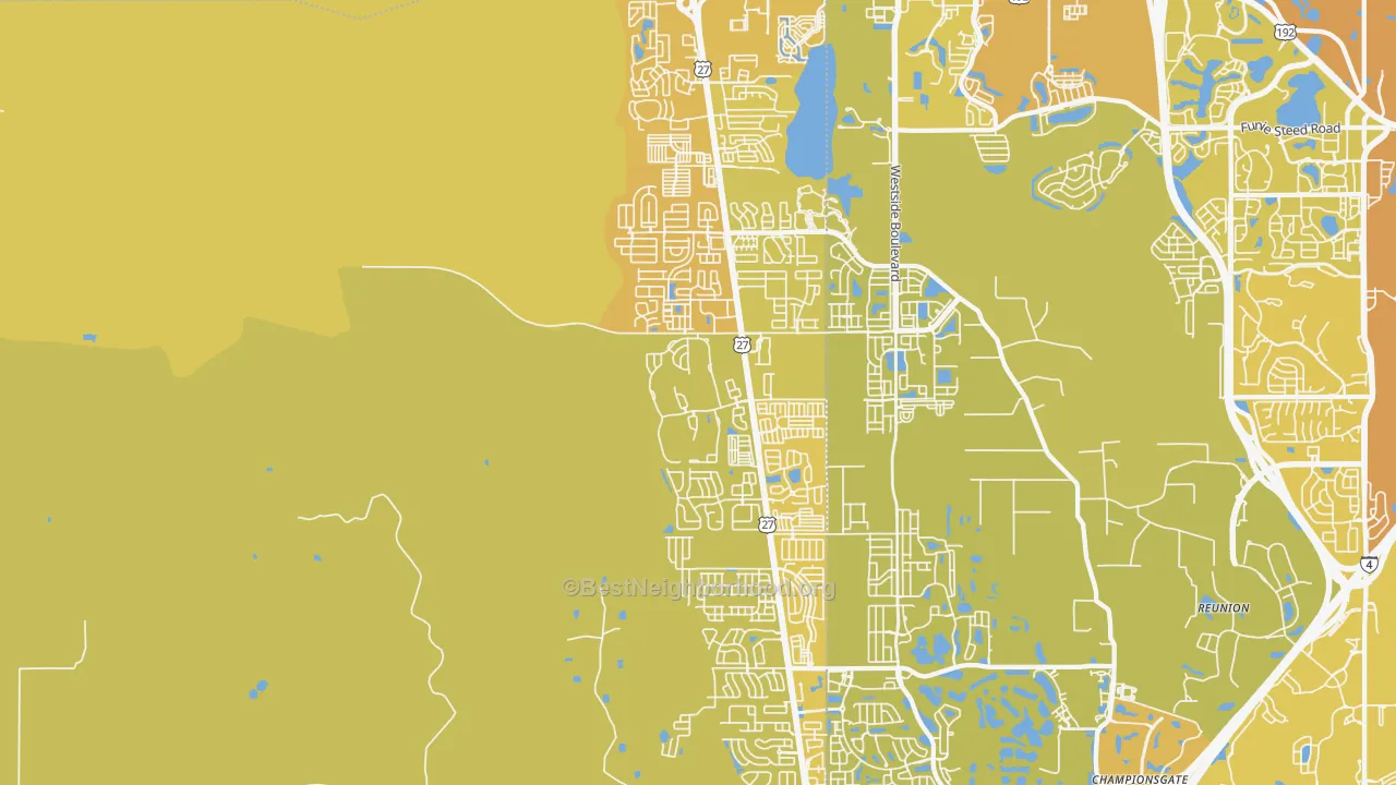 Map of the best neighborhoods in the 33897 area, with better matches in green and worse matches in red