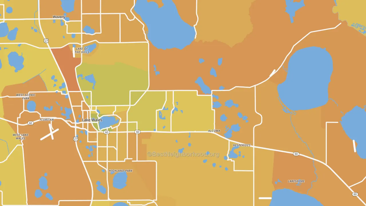 Map of the best neighborhoods in the 33898 area, with better matches in green and worse matches in red