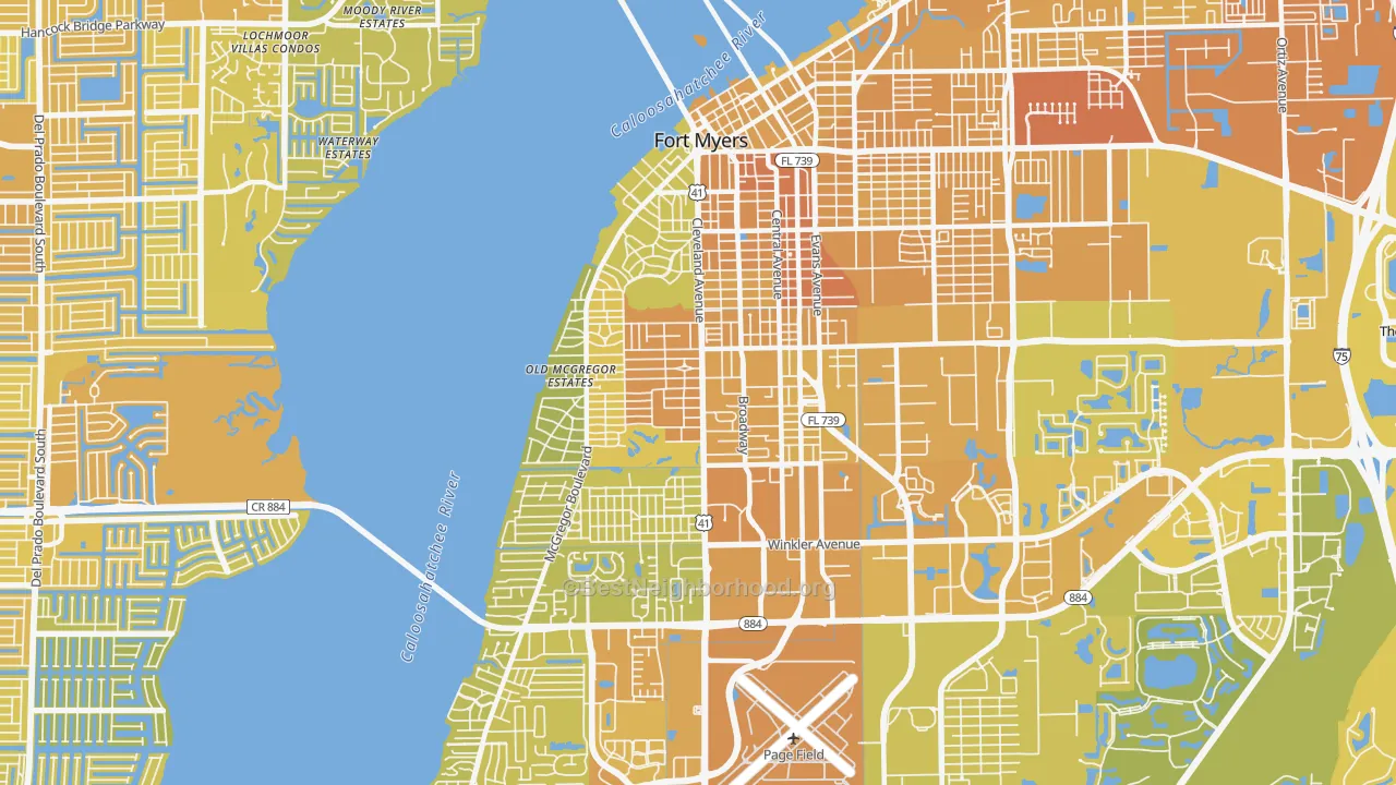 Map of the best neighborhoods in the 33901 area, with better matches in green and worse matches in red