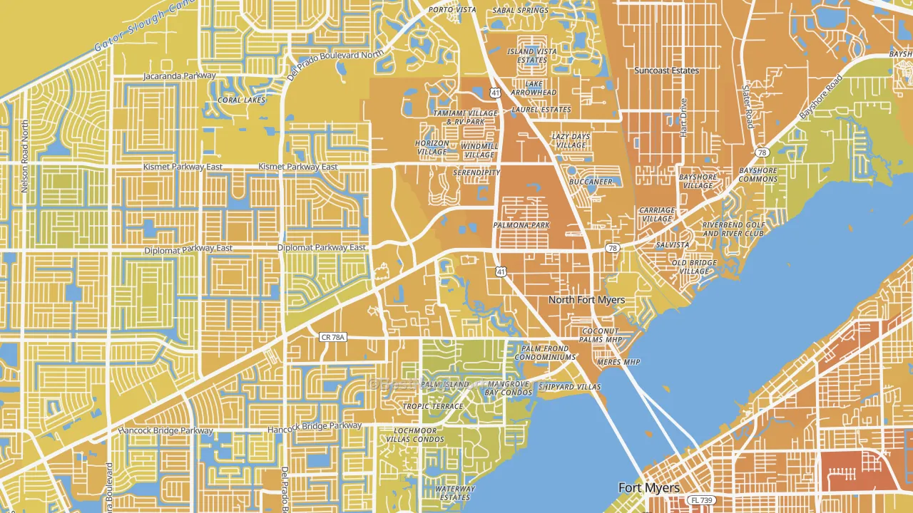 Map of the best neighborhoods in the 33903 area, with better matches in green and worse matches in red