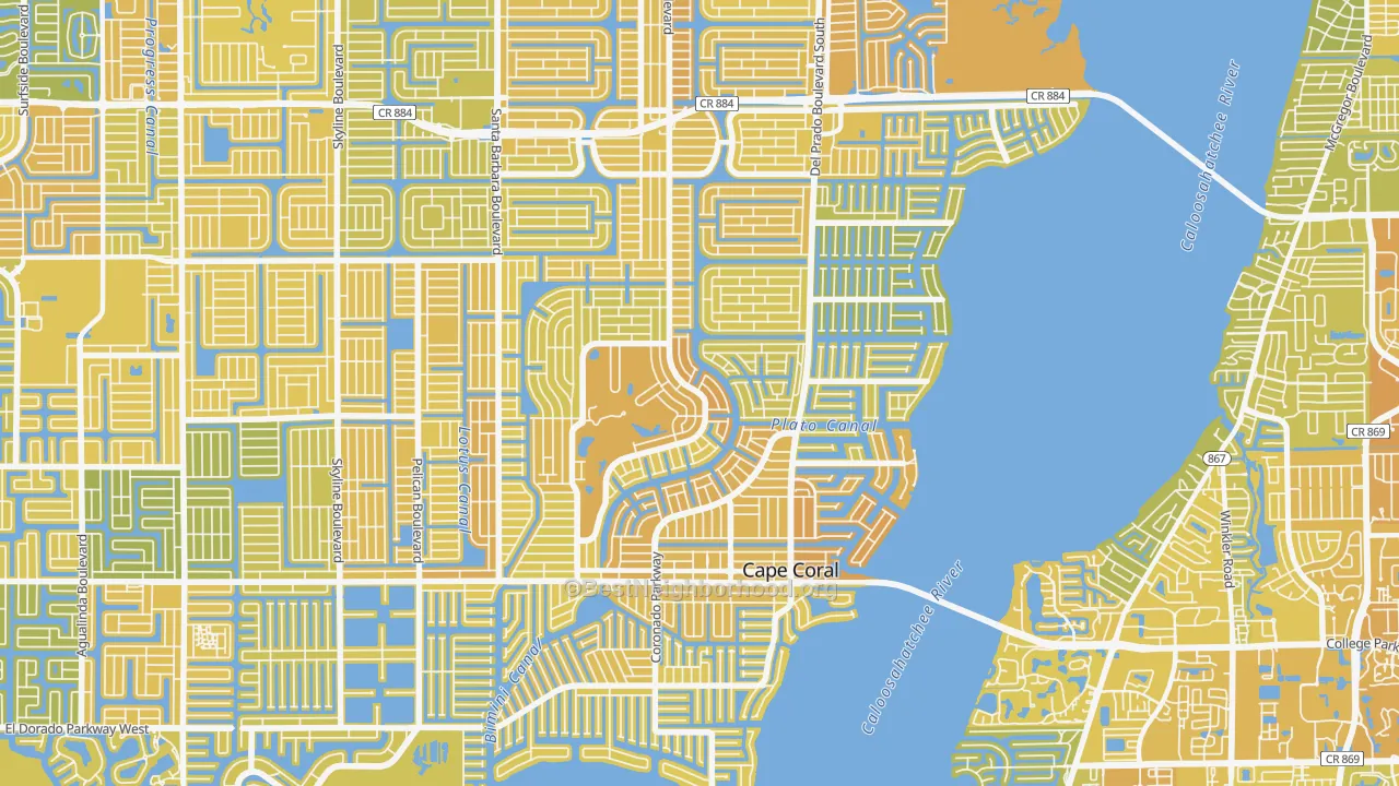 Map of the best neighborhoods in the 33904 area, with better matches in green and worse matches in red