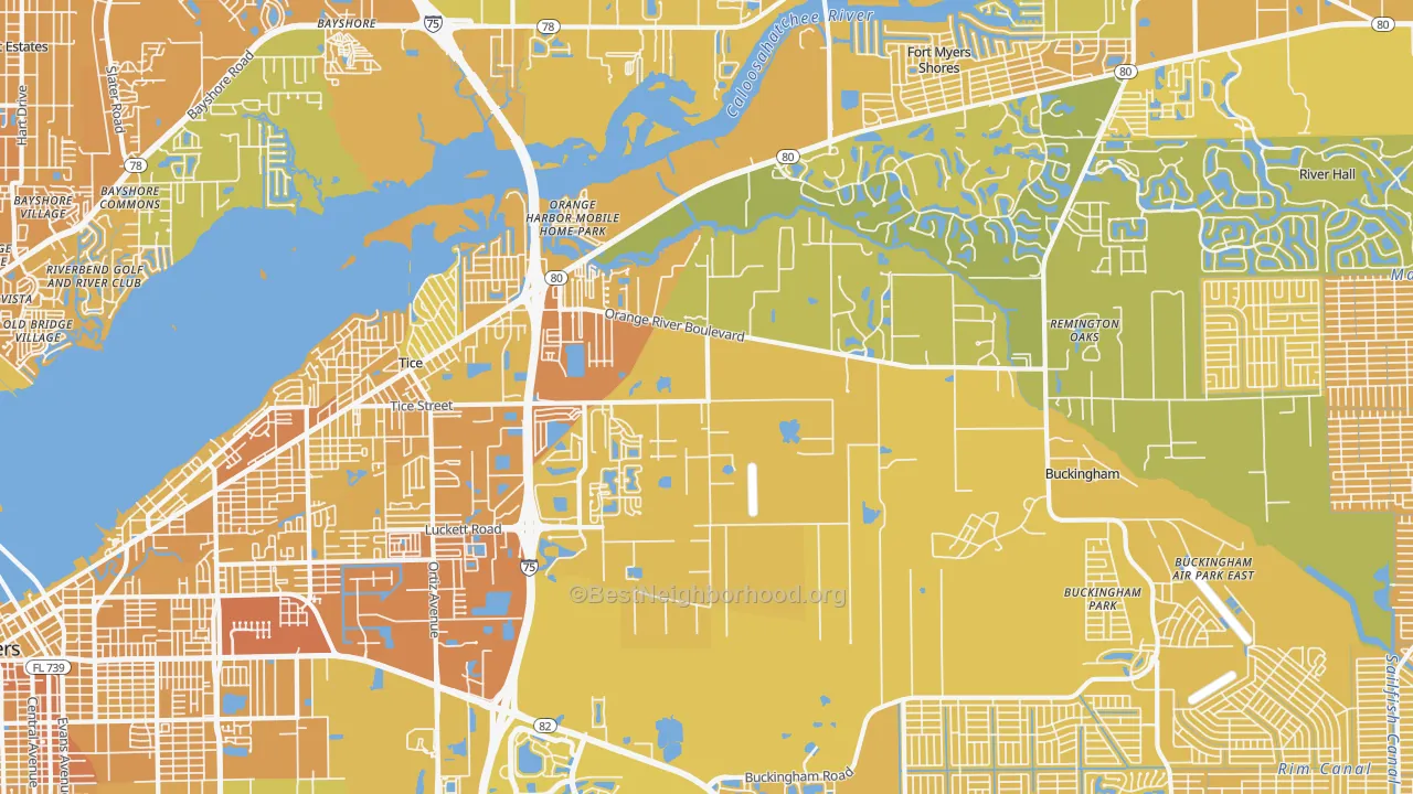 Map of the best neighborhoods in the 33905 area, with better matches in green and worse matches in red