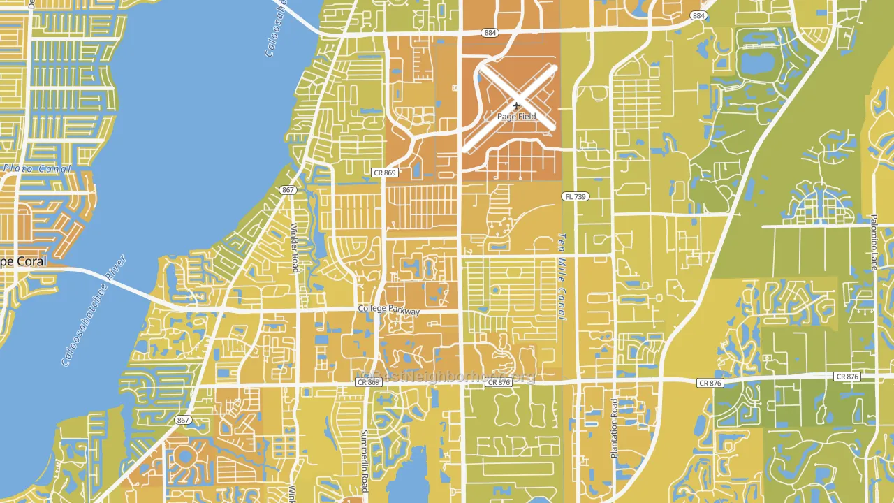 Map of the best neighborhoods in the 33907 area, with better matches in green and worse matches in red