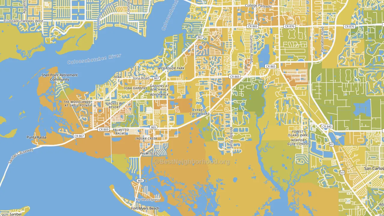 Map of the best neighborhoods in the 33908 area, with better matches in green and worse matches in red