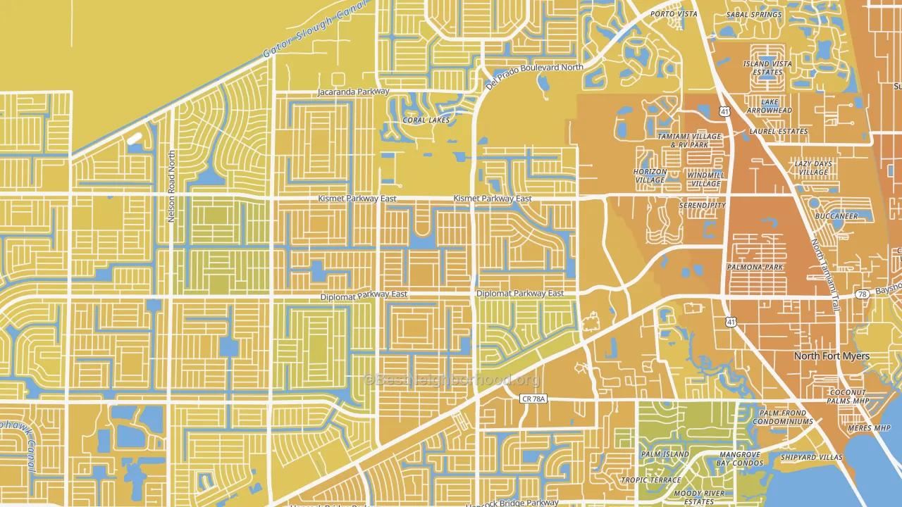 Map of the best neighborhoods in the 33909 area, with better matches in green and worse matches in red