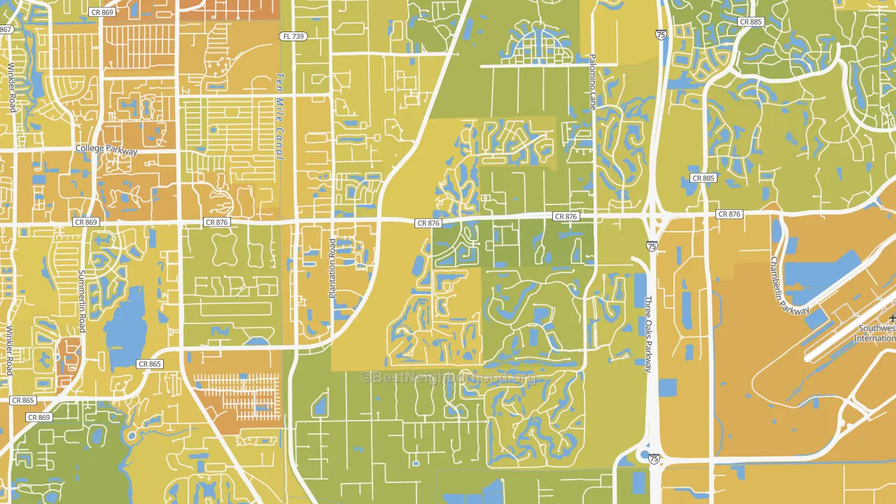 Map of the best neighborhoods in the 33912 area, with better matches in green and worse matches in red