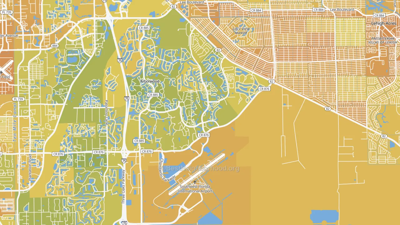 Map of the best neighborhoods in the 33913 area, with better matches in green and worse matches in red