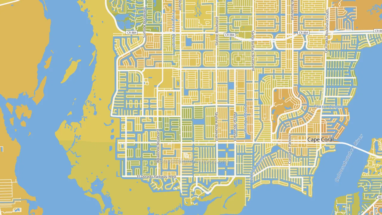 Map of the best neighborhoods in the 33914 area, with better matches in green and worse matches in red