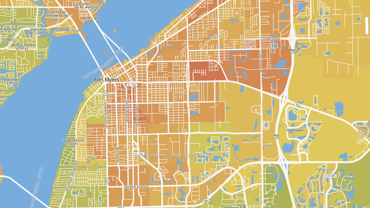 Map of the best neighborhoods in the 33916 area, with better matches in green and worse matches in red