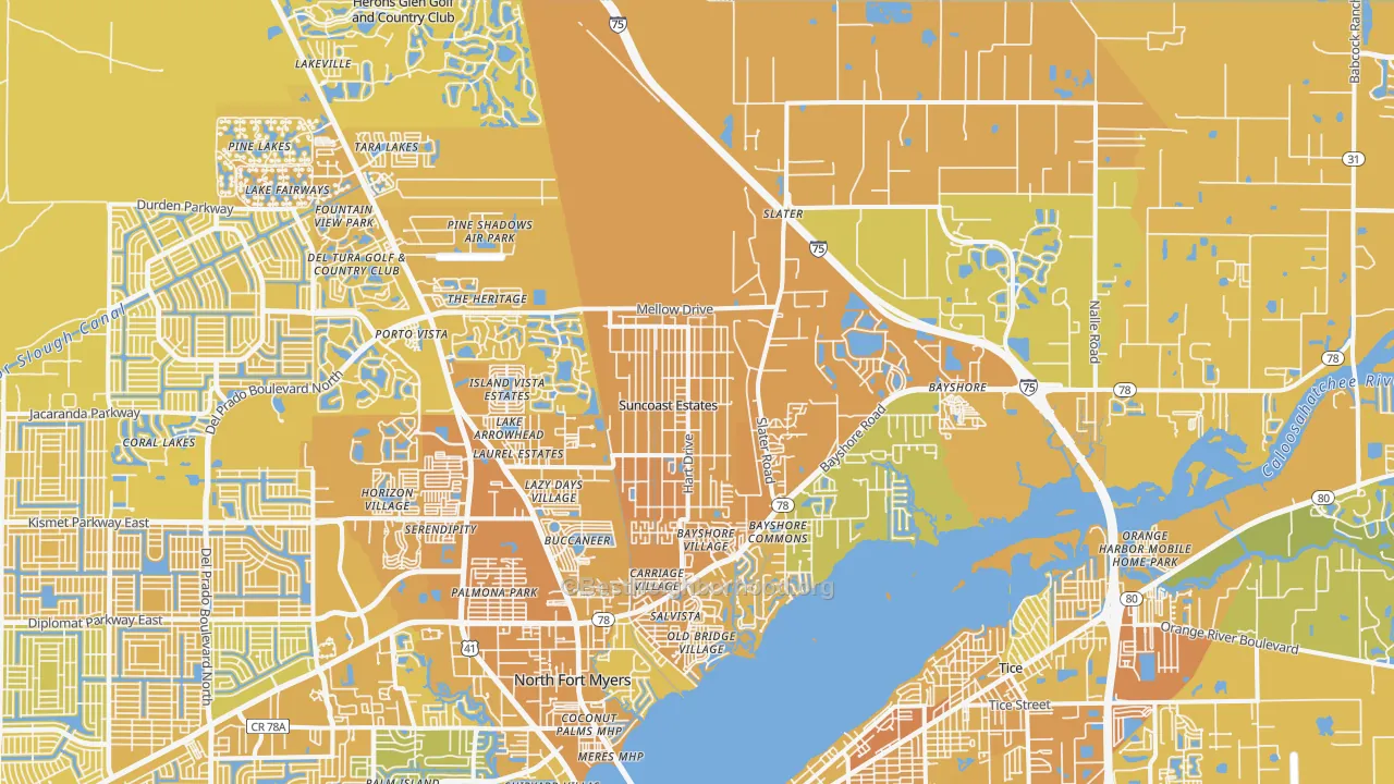 Map of the best neighborhoods in the 33917 area, with better matches in green and worse matches in red