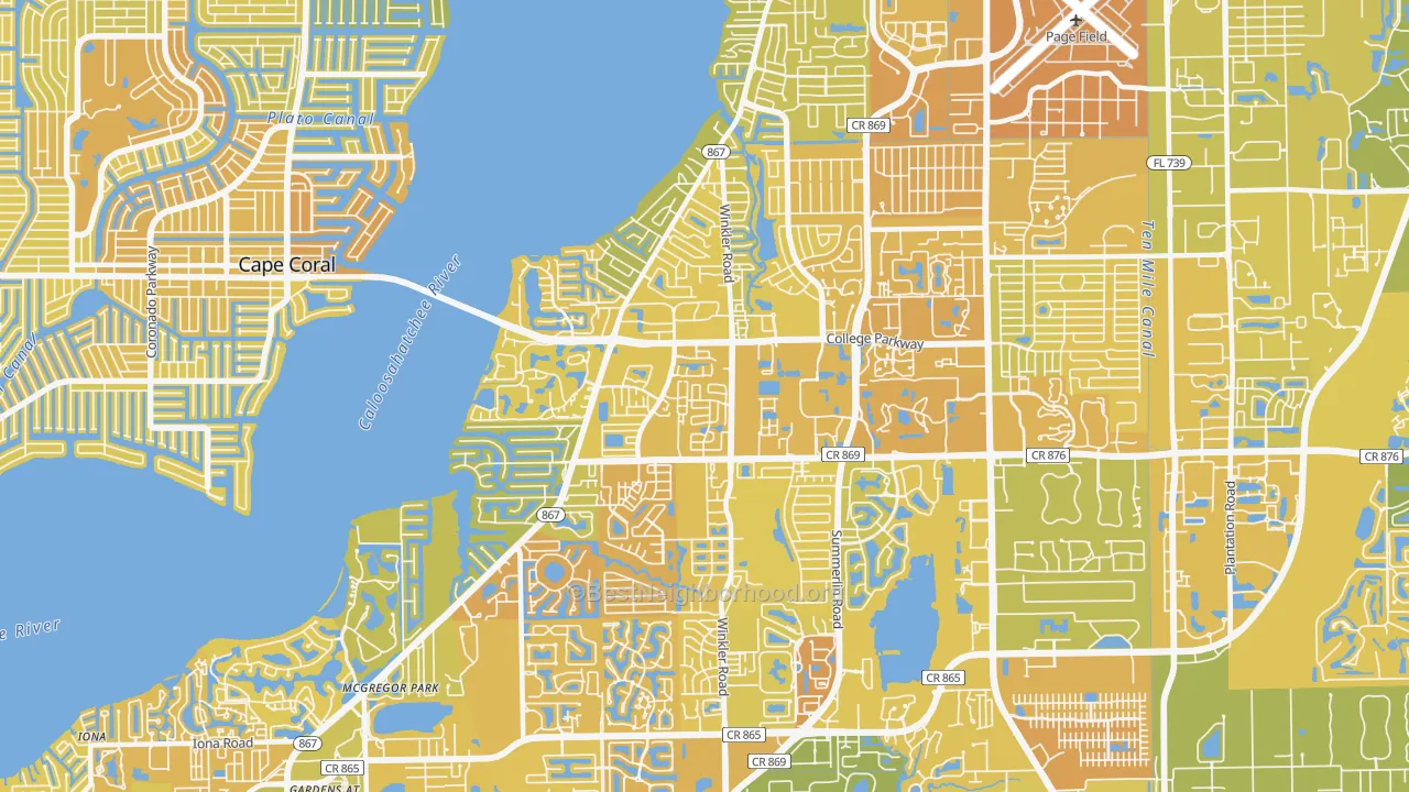 Map of the best neighborhoods in the 33919 area, with better matches in green and worse matches in red