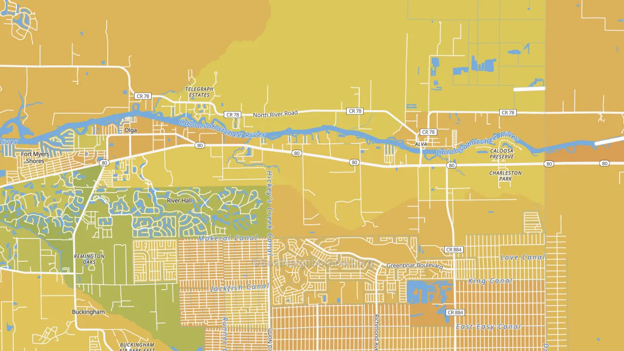 Map of the best neighborhoods in the 33920 area, with better matches in green and worse matches in red
