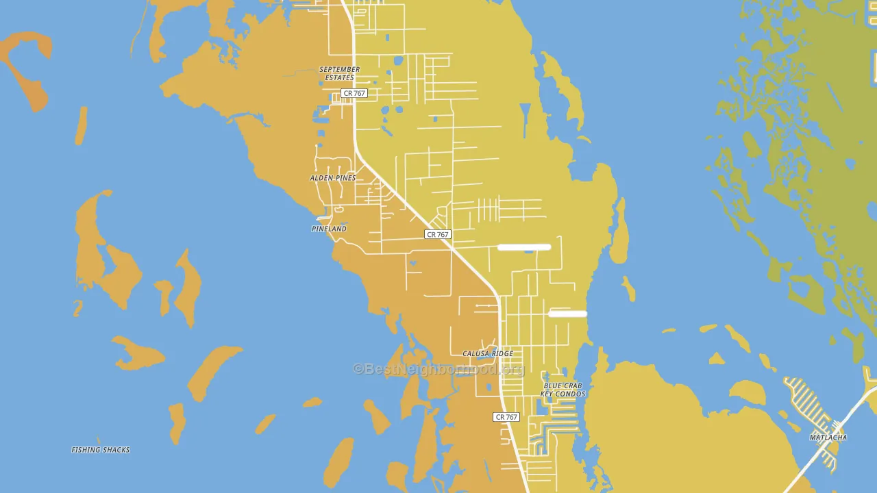 Map of the best neighborhoods in the 33922 area, with better matches in green and worse matches in red