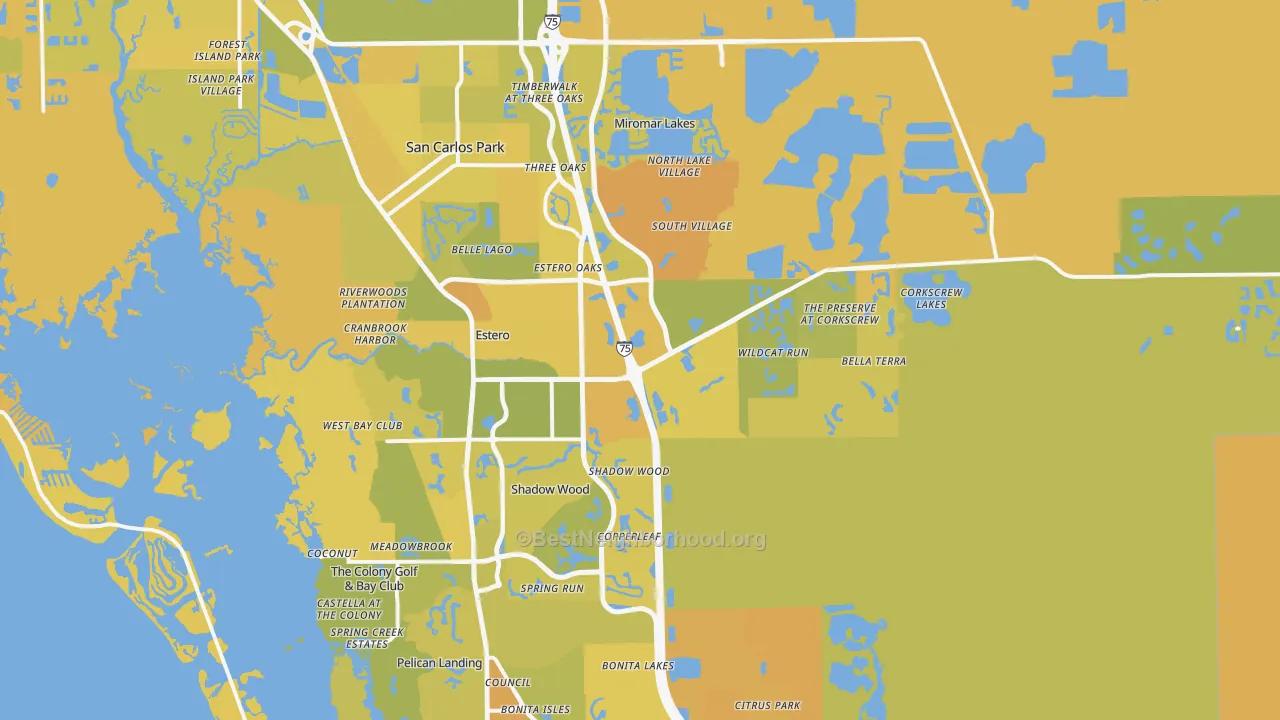 Map of the best neighborhoods in the 33928 area, with better matches in green and worse matches in red