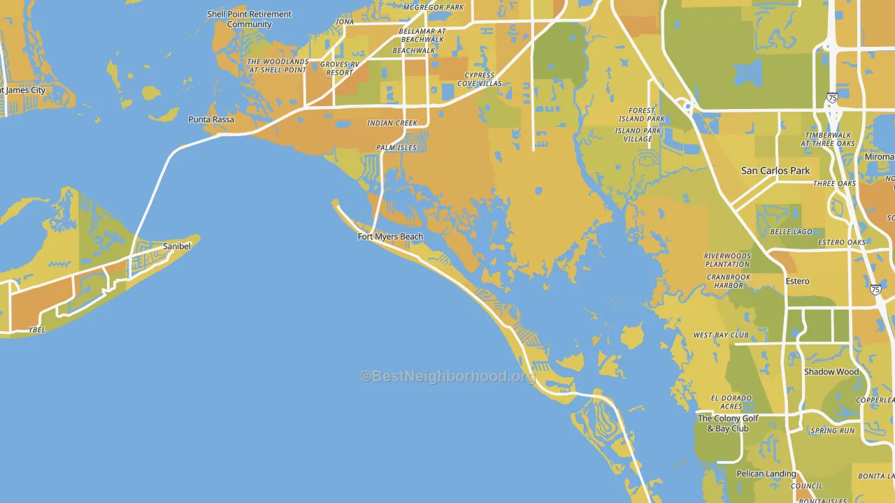 Map of the best neighborhoods in the 33931 area, with better matches in green and worse matches in red