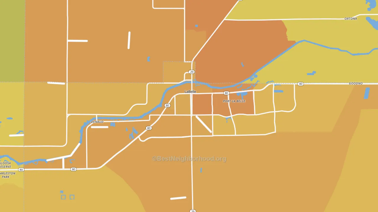 Map of the best neighborhoods in the 33935 area, with better matches in green and worse matches in red