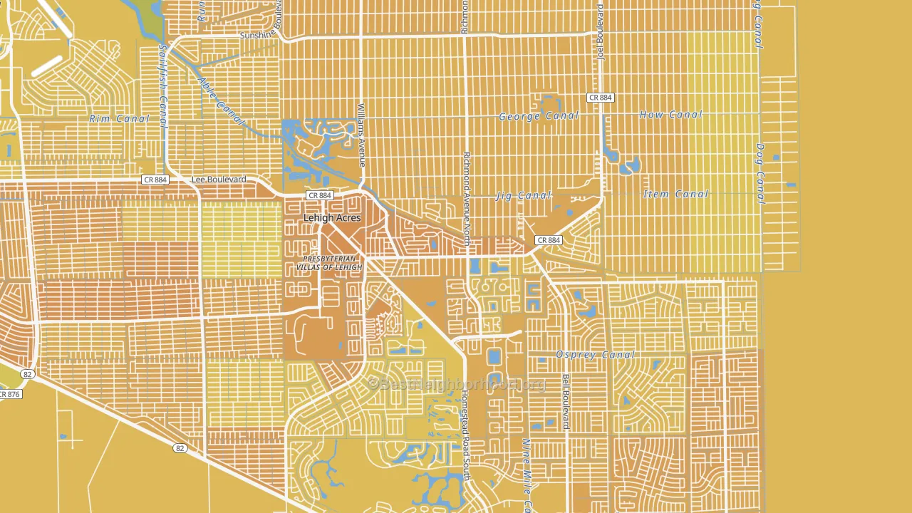 Map of the best neighborhoods in the 33936 area, with better matches in green and worse matches in red