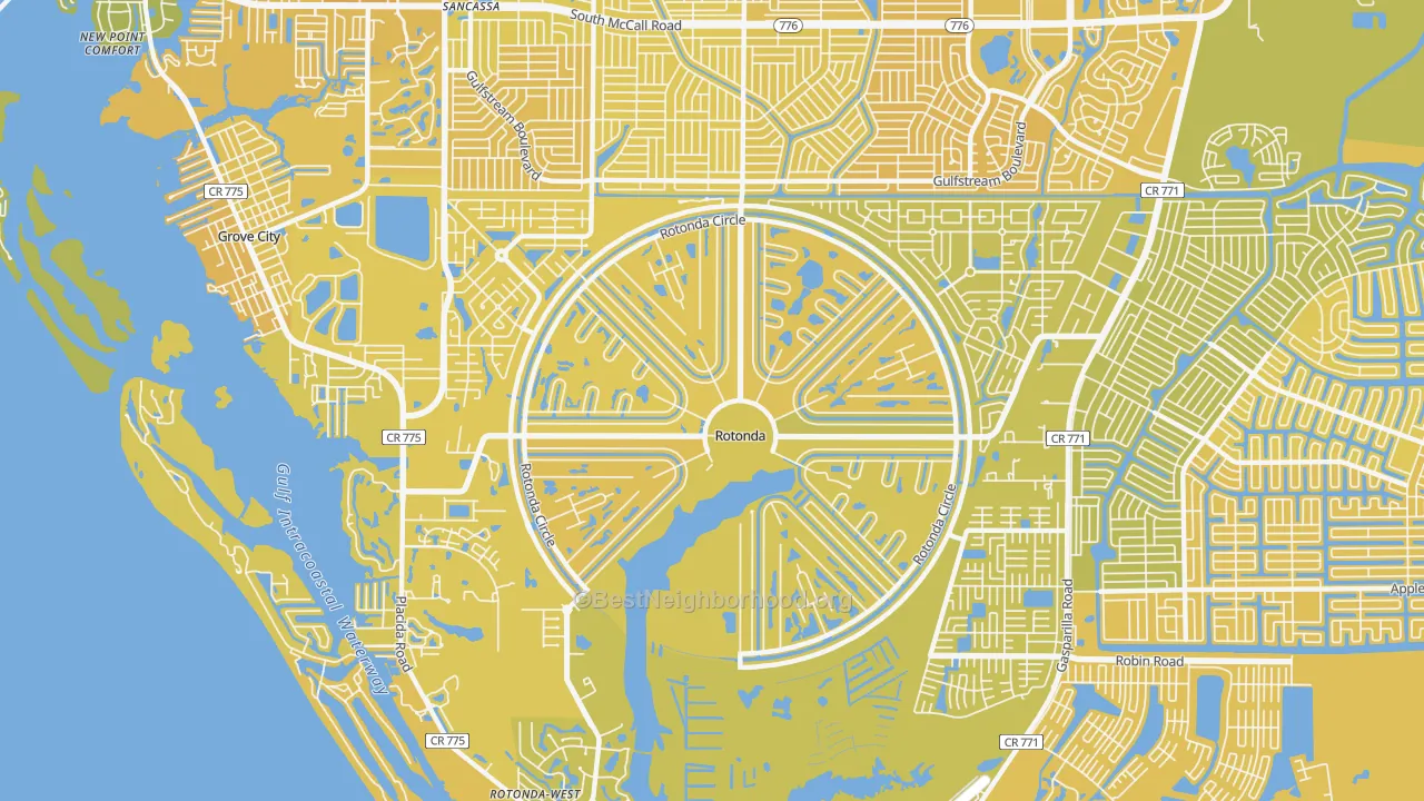 Map of the best neighborhoods in the 33947 area, with better matches in green and worse matches in red