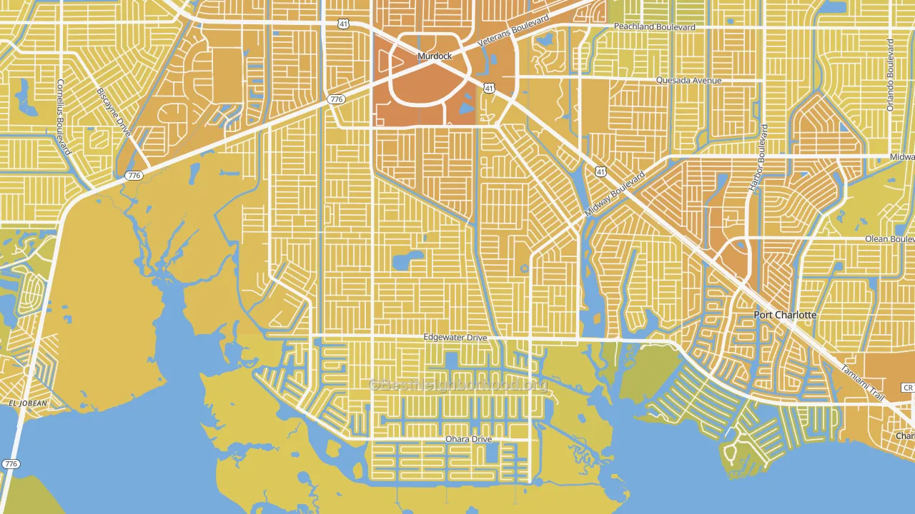 Map of the best neighborhoods in the 33948 area, with better matches in green and worse matches in red
