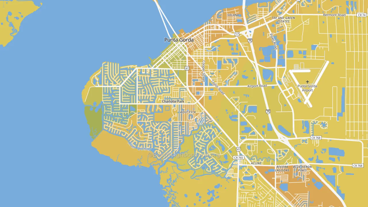 Map of the best neighborhoods in the 33950 area, with better matches in green and worse matches in red