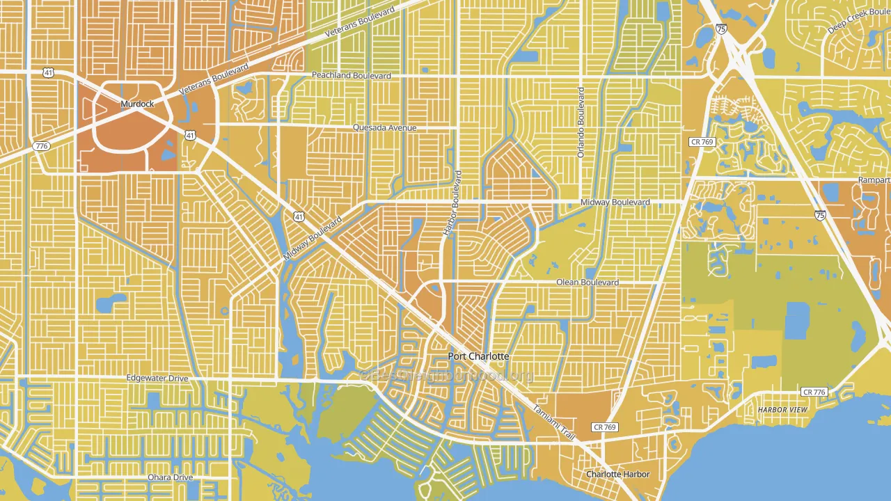 Map of the best neighborhoods in the 33952 area, with better matches in green and worse matches in red