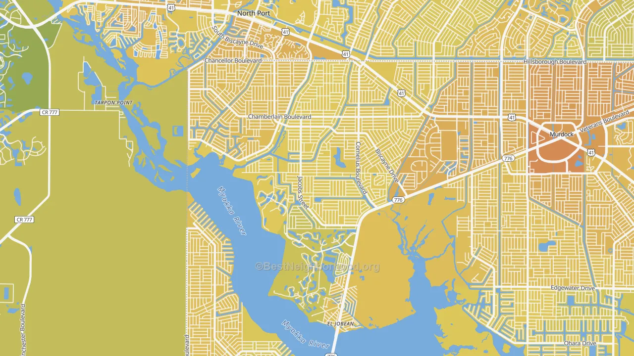 Map of the best neighborhoods in the 33953 area, with better matches in green and worse matches in red