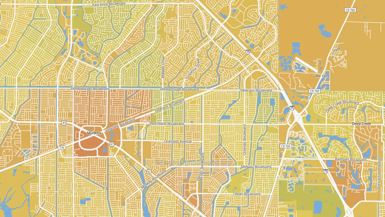 Map of the best neighborhoods in the 33954 area, with better matches in green and worse matches in red