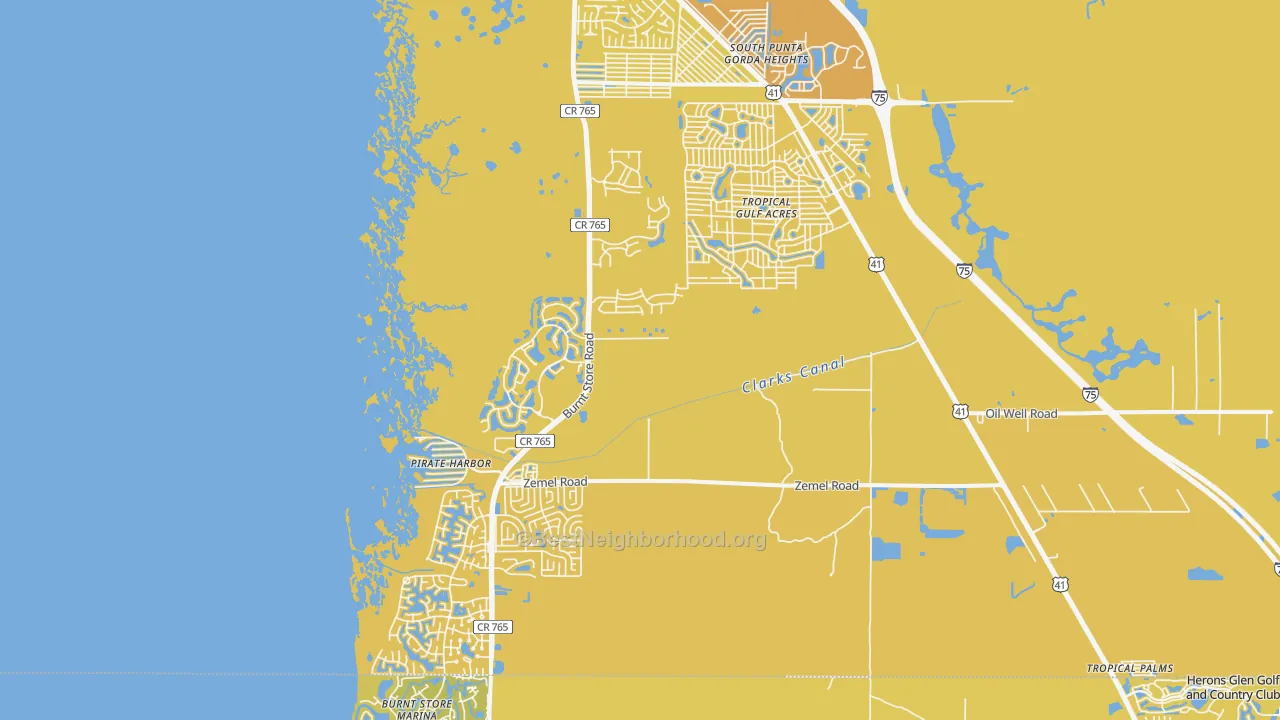 Map of the best neighborhoods in the 33955 area, with better matches in green and worse matches in red