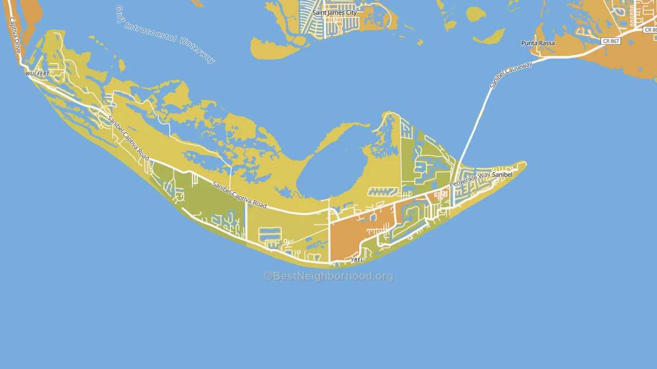 Map of the best neighborhoods in the 33957 area, with better matches in green and worse matches in red