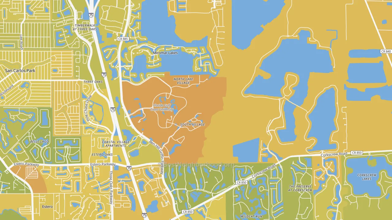 Map of the best neighborhoods in the 33965 area, with better matches in green and worse matches in red