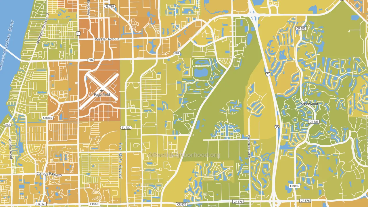 Map of the best neighborhoods in the 33966 area, with better matches in green and worse matches in red