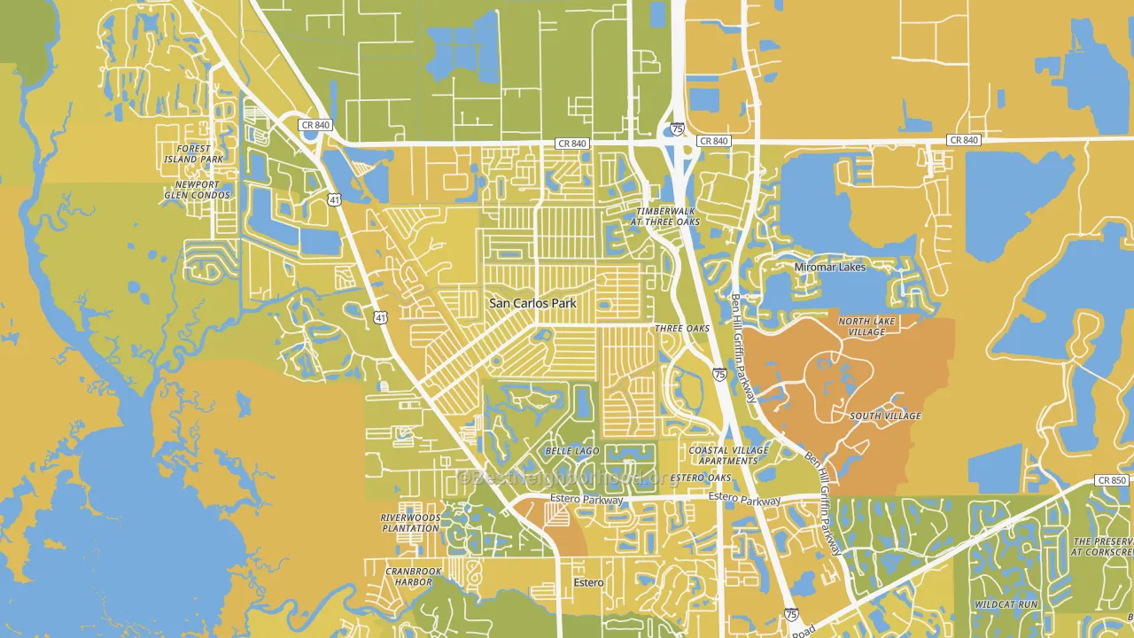 Map of the best neighborhoods in the 33967 area, with better matches in green and worse matches in red