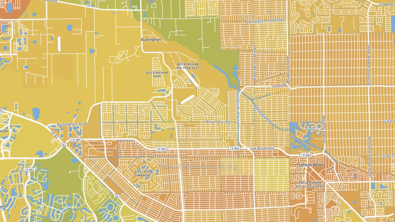 Map of the best neighborhoods in the 33971 area, with better matches in green and worse matches in red