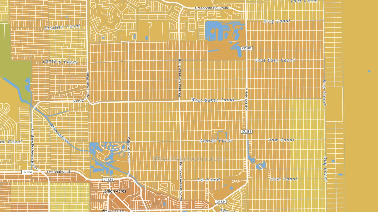 Map of the best neighborhoods in the 33972 area, with better matches in green and worse matches in red