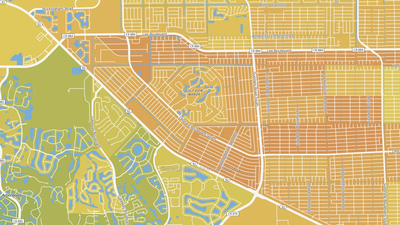 Map of the best neighborhoods in the 33973 area, with better matches in green and worse matches in red